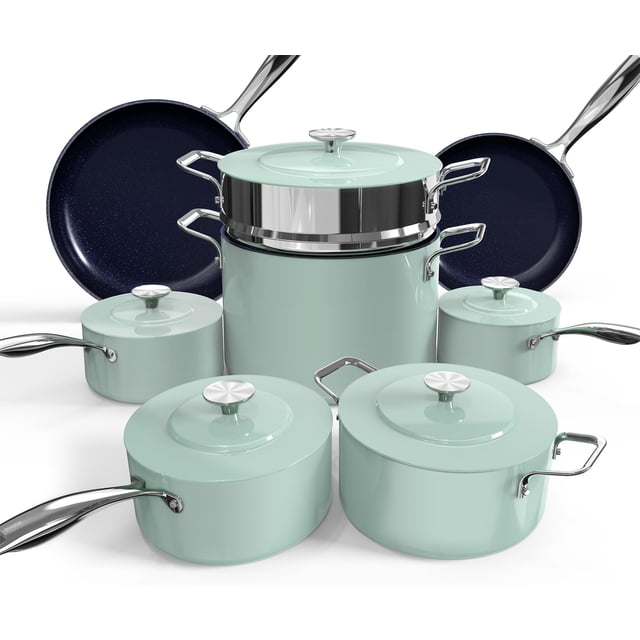 Nuwave Lux Juego de utensilios de cocina ligeros forjados de 13 piezas, sin PFAS, revestimiento cerámico saludable G10 Duralon, ultra antiadherente, mangos que se mantienen frescos, funciona en todas
