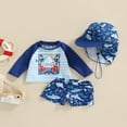 thumbnail image 2 of Kid Boy Swimsuit  Cartoon Striped Shark Print Summer Beach Long Sleeve Tops + Shorts + Hat, 2 of 7