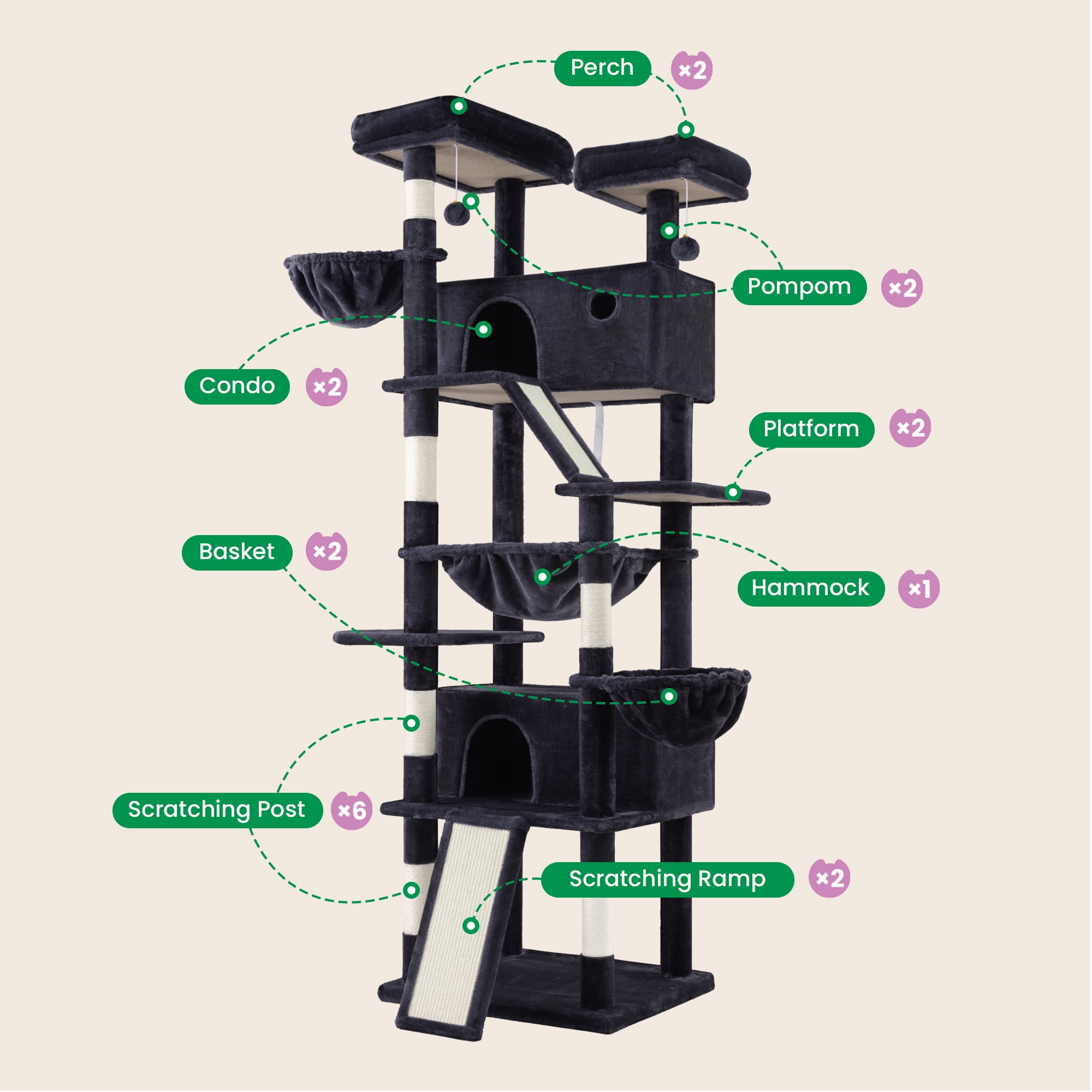 Merrland 81" Multi-Level Large Cat Tree Tower for Indoor Kittens, Cat Condo with Hammock & Sisal Scratching Posts, Blue