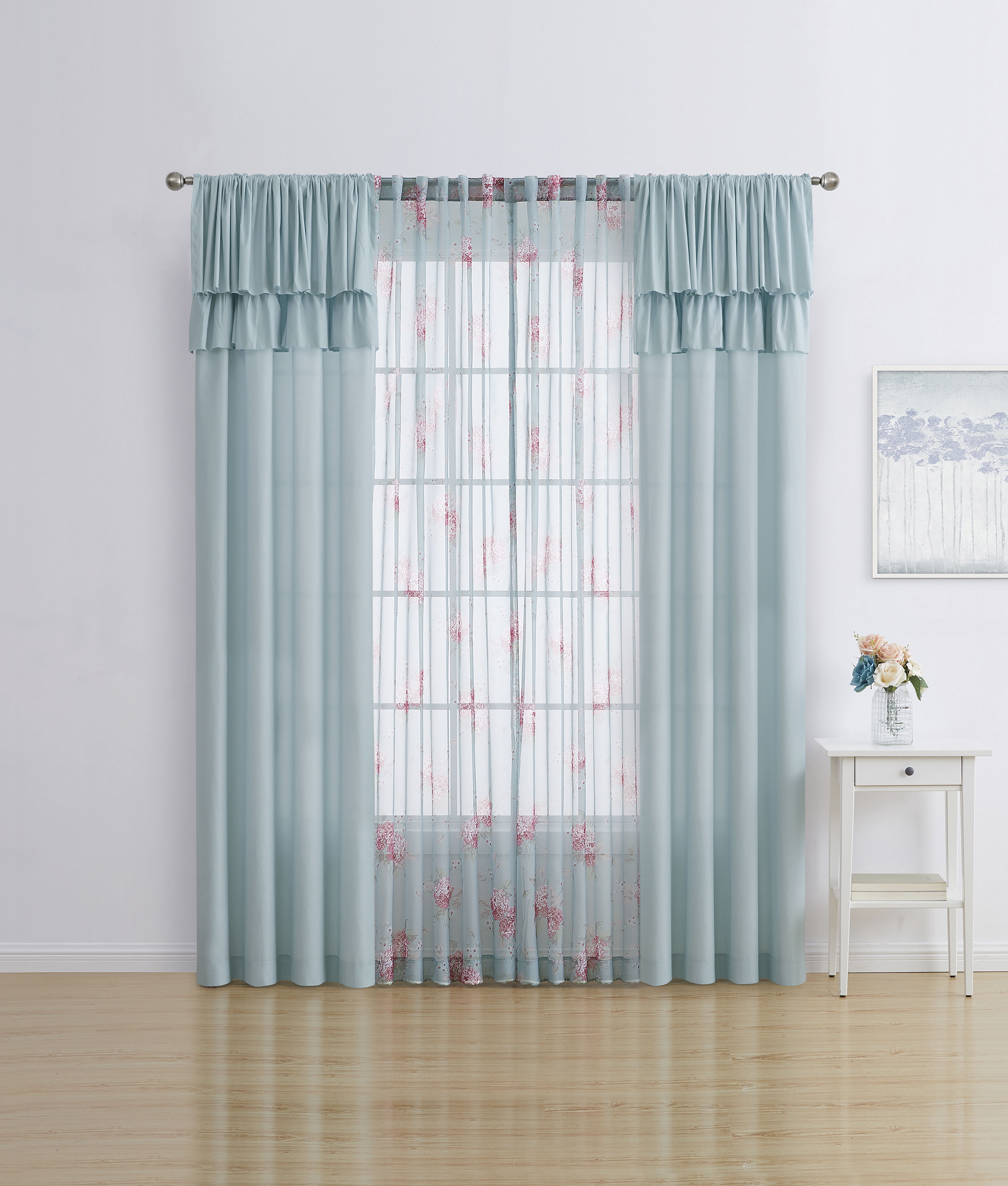 Simply Shabby Chic Ruffled Floral Belle Hydrangea 4-Piece Window Curtain Panel and Sheer Set, 50" x 95"