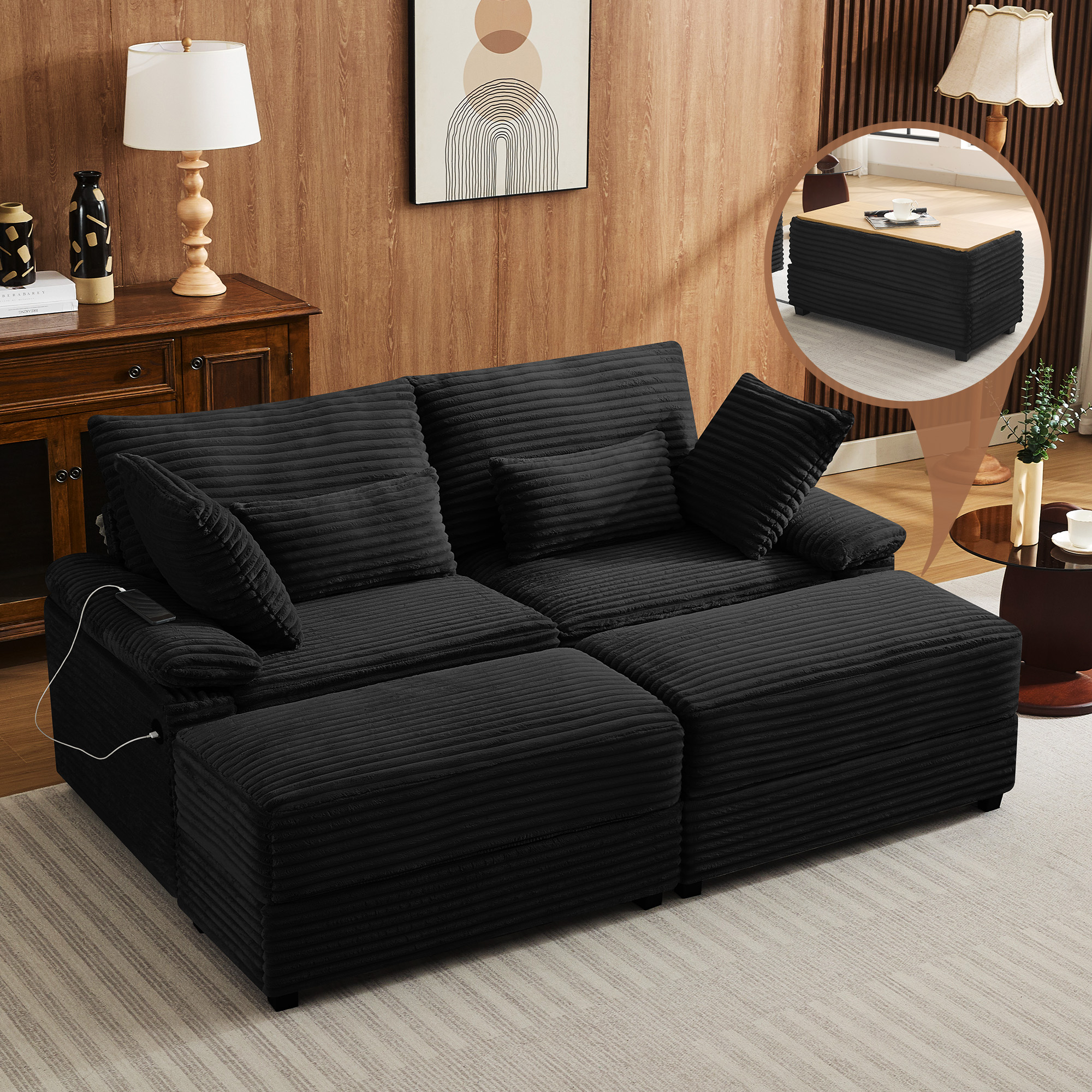 Corduroy Upholstered Sofa for Living Room,Modern Deep Seat Comfy Loveseat Couch with 2 Ottomans,Black
