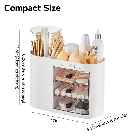 UFORU Makeup Organizer with Drawers for Vanity, 4-Slot Makeup Brush Holder with One-Touch Open, Cosmetic Storage Box for Dresser, Bathroom Countertop and Bedroom