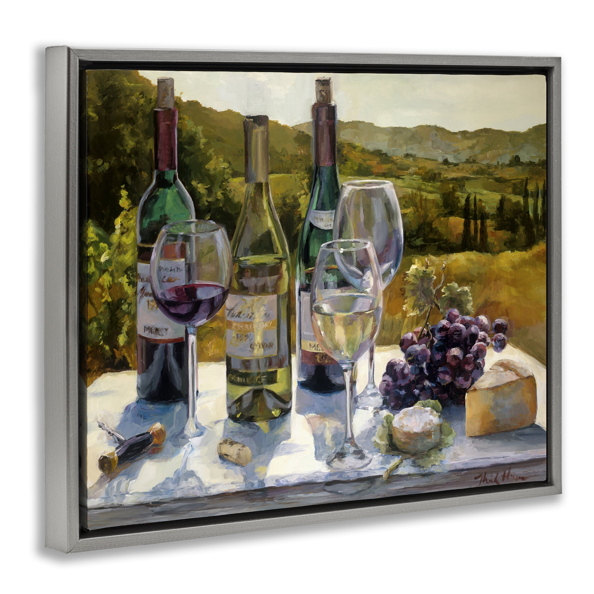 Stupell Industries Wine and Cheese Vineyard Food & Beverage Painting Gray Floater Framed Canvas Art Print Wall Art, 21 x 17