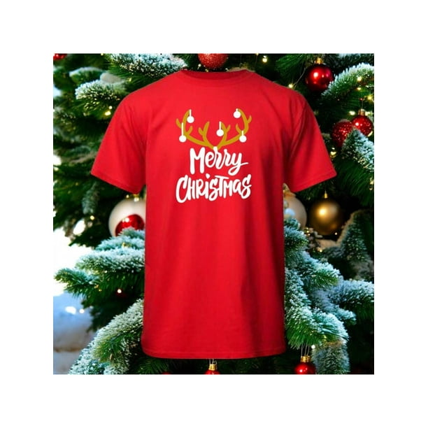 Playera Con Estampado De Merry Christmas Con Cuernos De Reno Color Rojo Talla Mediana Marca Emil SaEs