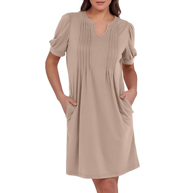Robes Mini d'Été pour Femmes Manches Courtes Bouffantes Décontractées Col en V Printemps Plissé T-Shirt Tunique Plage Robe Courte Kaki m