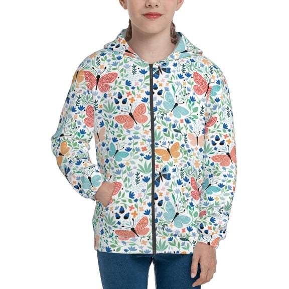 Naloa Butterflies Teenage Zipper Hoodie, Long Sleeve Zip Up Hoodies Casual Jackets Tops for 7-12 Years-Small