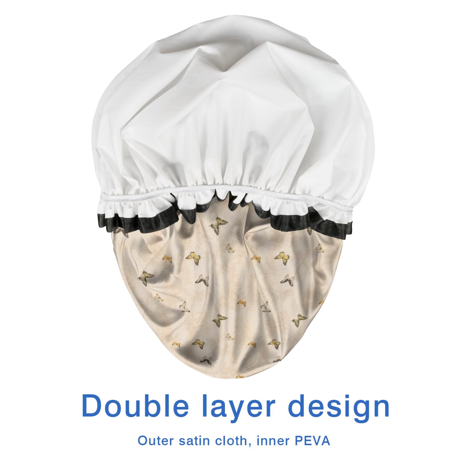 Shower Caps,Beige Butterfly Pattern Waterproof Shower Cap for Women 4 Pieces,Double Reusable Hair Cover for Shower PEVA Elastic Stretch Hem
