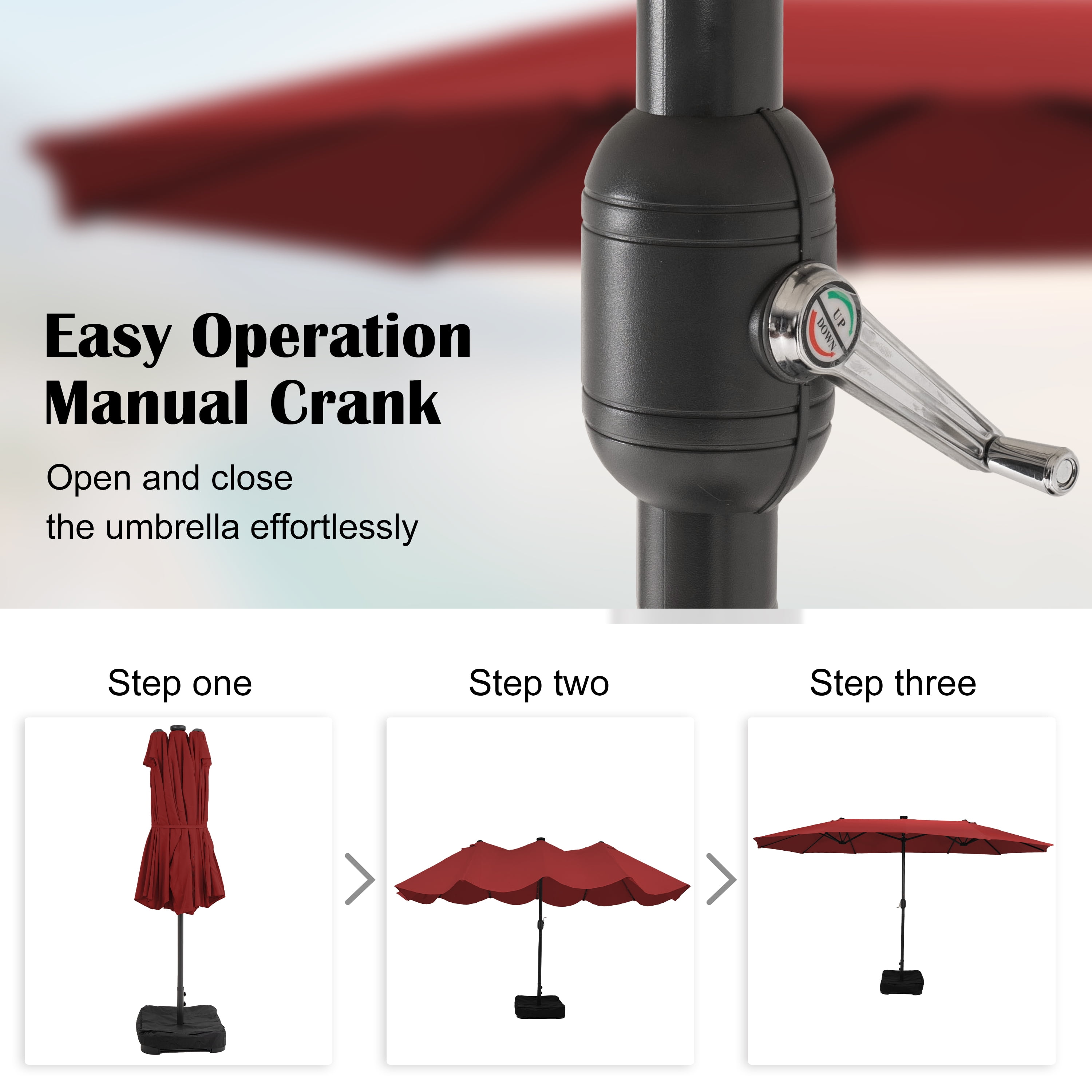 HARBOURSIDE Solar-Powered Double-Sided 15 ft Outdoor Patio Umbrella with 144 LED Lights, Includes Sandbag Base & Protective Cover,Red
