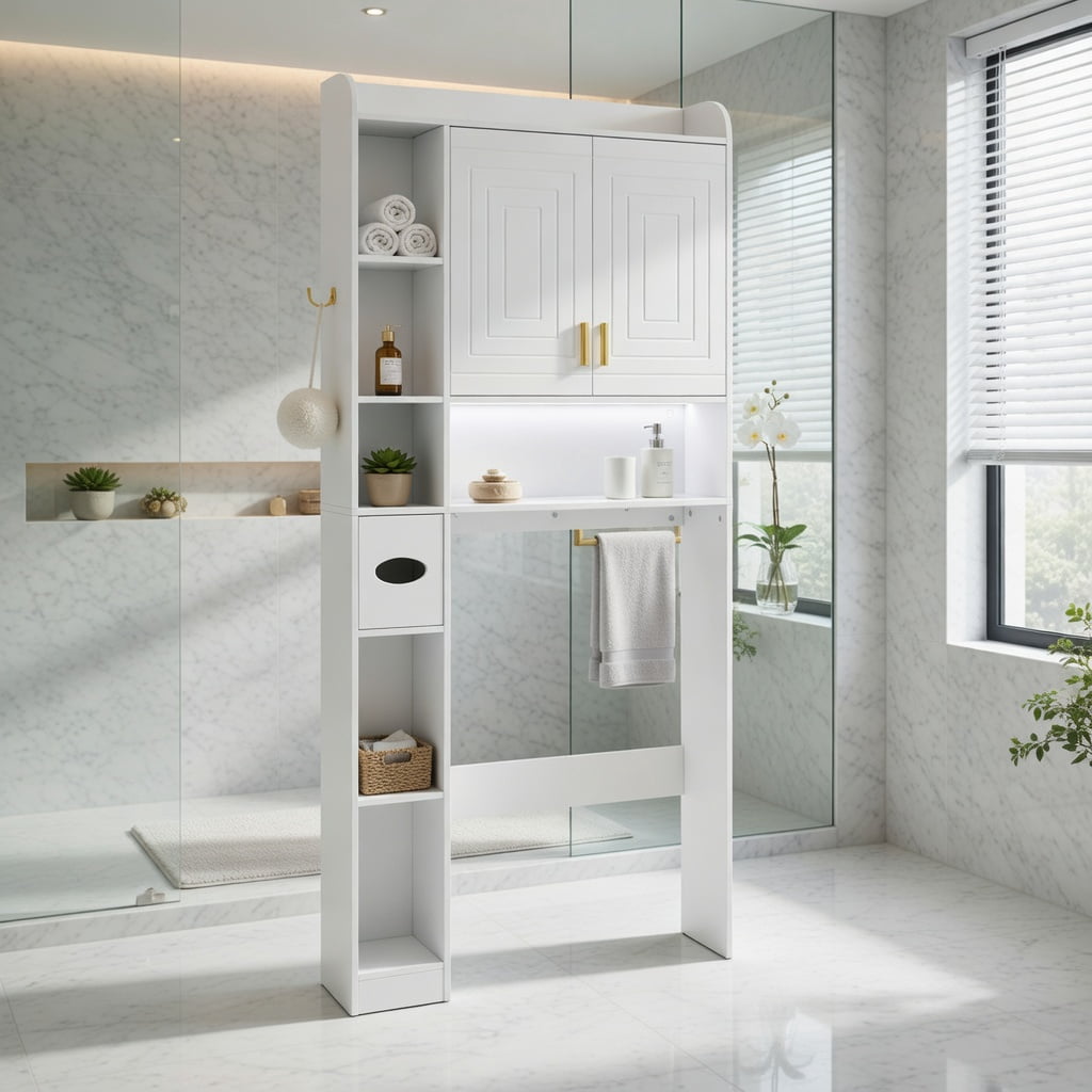 Hommoo Over-the-Toilet Storage Cabinet with LED Lighting, Adjustable Shelves & Wall-Mount Safety Kit, Freestanding Bathroom Organizer, White