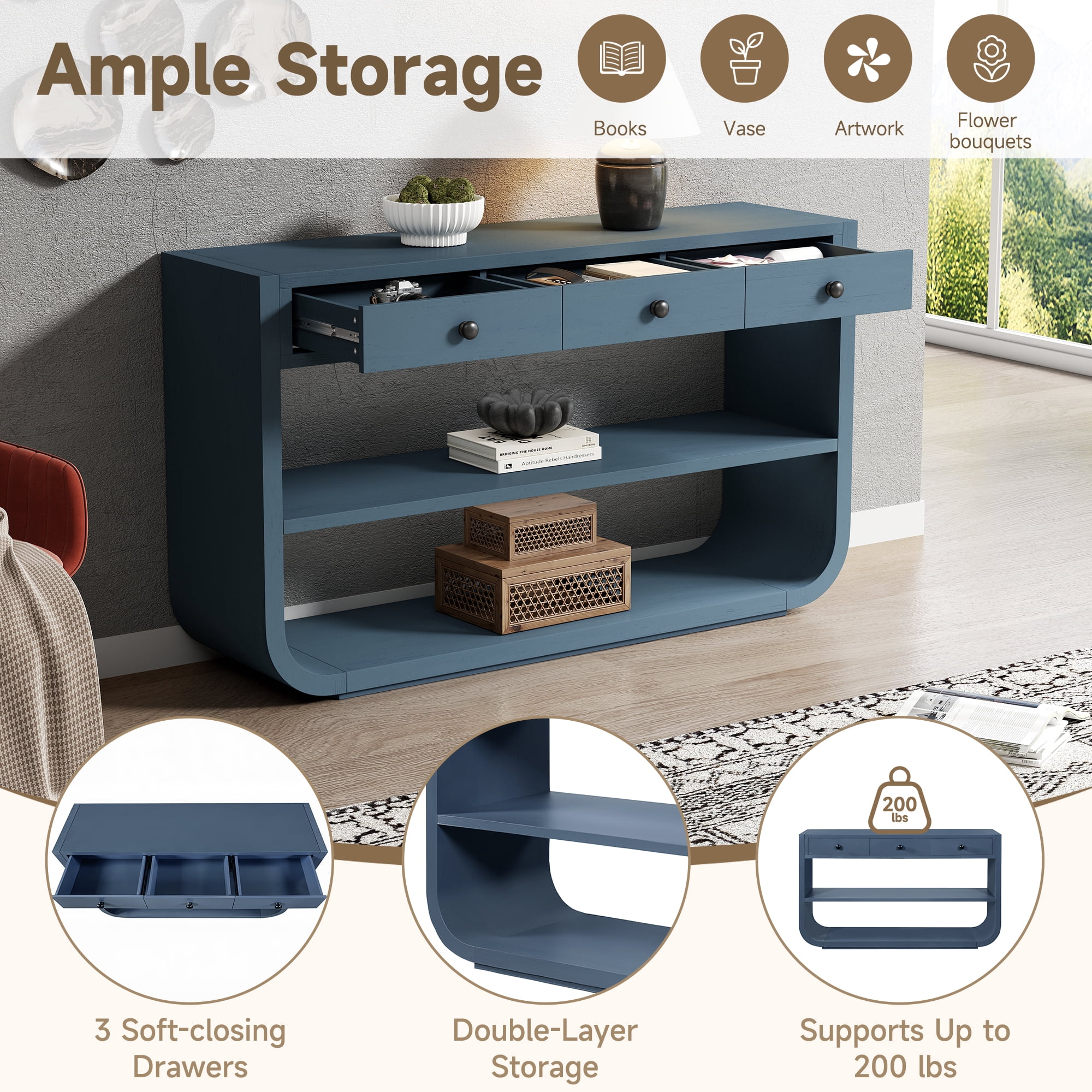 Mintazer 55" Modern Curved Console Table with 3 Soft-Close Drawers & 2 Open Shelves for Entryway, Living Room, Hallway, Blue