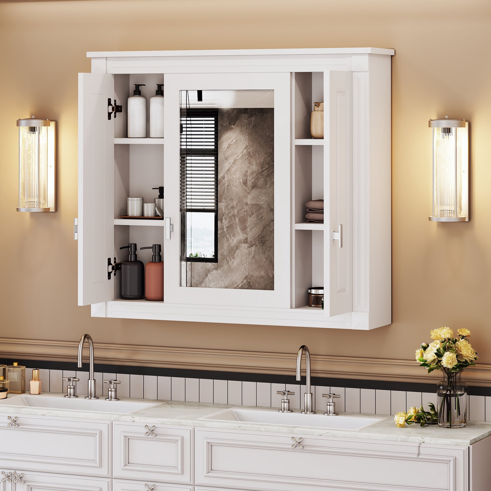 Euroco Bathroom Wall Cabinet with Mirror, Wall Mounted Medicine Cabinet with 4 Shelves, Mirrored Door Over Toilet Storage Cabinet, White