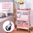 thumbnail image 6 of 3 Tier Rolling Cart, Metal Utility Cart with Wheels & Wooden Top, Pink Organizer Cart, Rolling Craft Storage Cart, Serving Trolley Cart for Kitchen, Office, Bathroom, Kids' Room, Bedside, Pink, 6 of 15