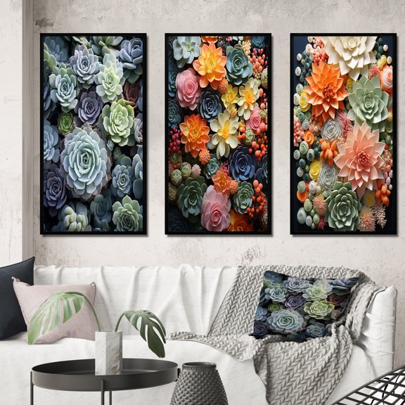 Designart "Green Succulents Flowers peaceful Succulents I" Floral & Botanical Framed Wall Art Set Of 3 - Green Succulent Frame Gallery Wall Set For Home Decor