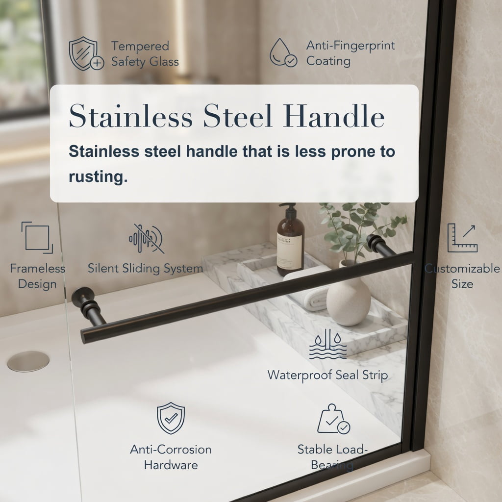 Hommoo 44-48" W x 72" H Pivot Shower Door, 1/4" Thick SGCC-Certified Tempered Glass, Stainless Steel Handle & Aluminum Frame, Reversible Left/Right Installation, Black & Transparent