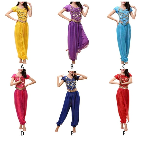Smilepp Indian Belly Dance Pants Dancing Lace-up Back Top Costume Set Sexy  Sleeve Ladies Fashionable Girls Performance Lake Blue Free Size
