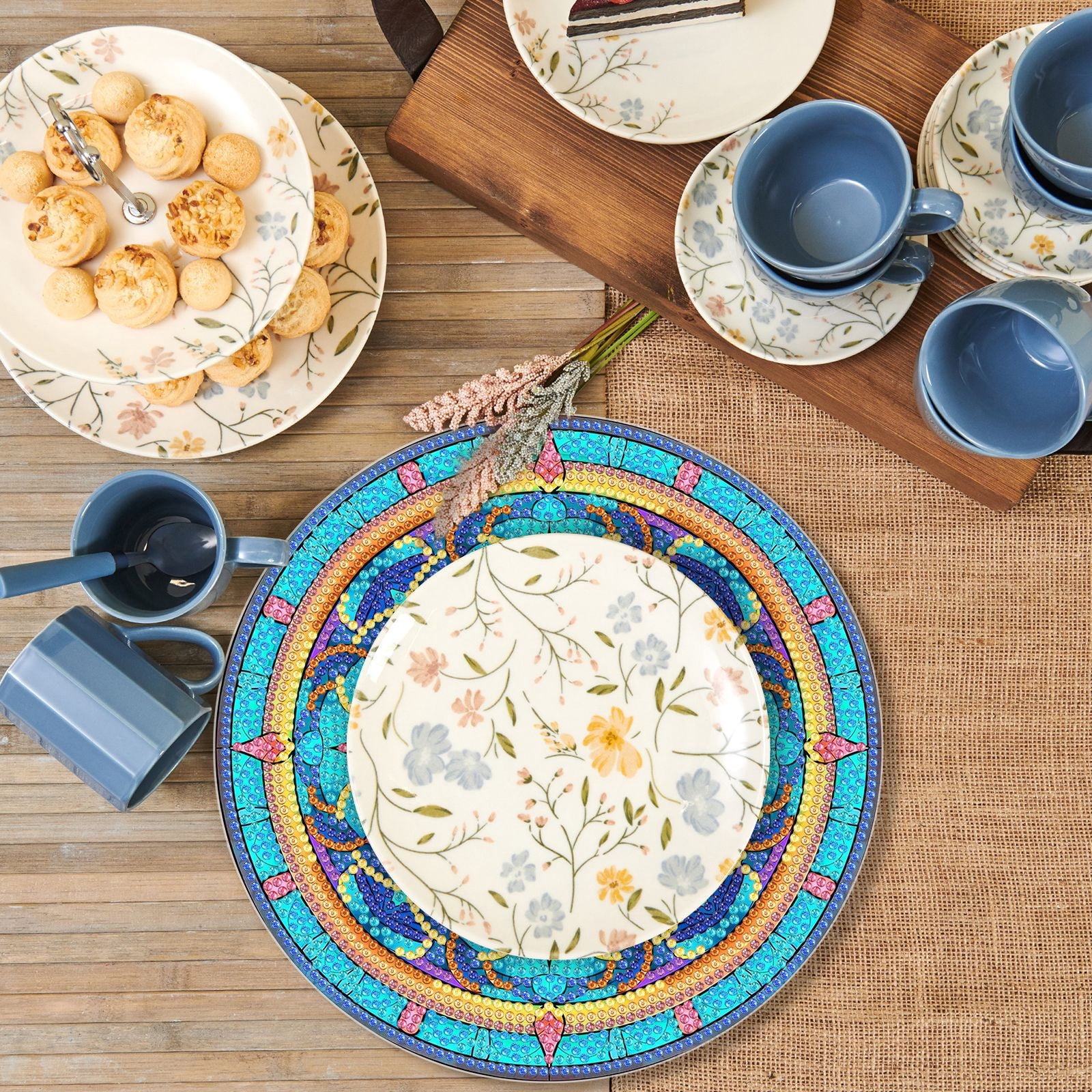 FLOPESN 4 Pcs Diamond Art Painting Coasters,Acrylic Single-Sided Dotted Diamond Dinner Plate Set for Restaurant Decoration-Mandola
