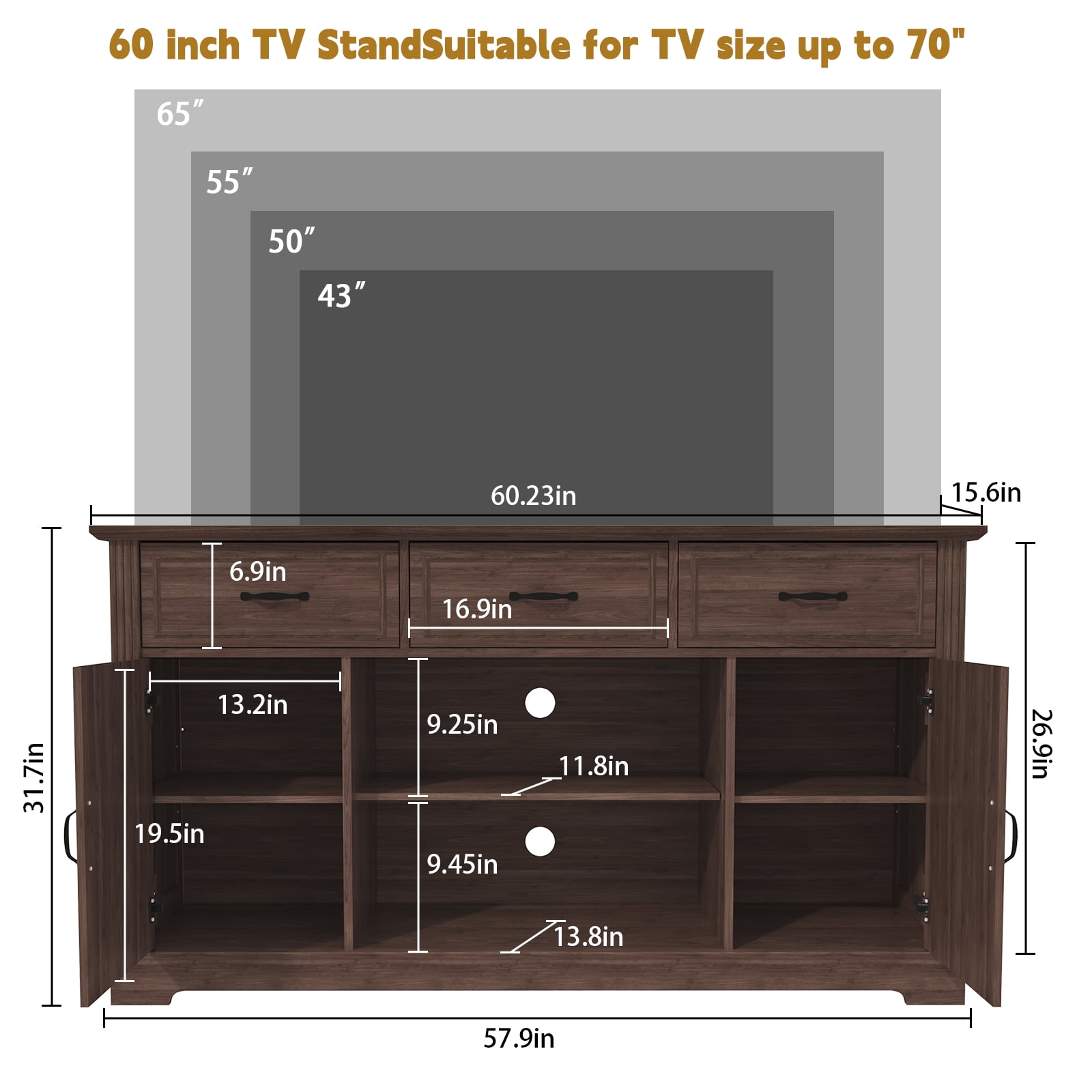 HLR Mid Century 60" TV Stand for TV up to 65", Entertainment Center with Drawers Storage for Living Room, Brown