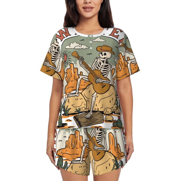Balery Skeleton Cowboy And Guitar Conjunto de Pijama para Mujer con Estampado, Dos Piezas de Manga Corta y Shorts, Ropa de Dormir Suave con Cuello Redondo y Bolsillos-Large