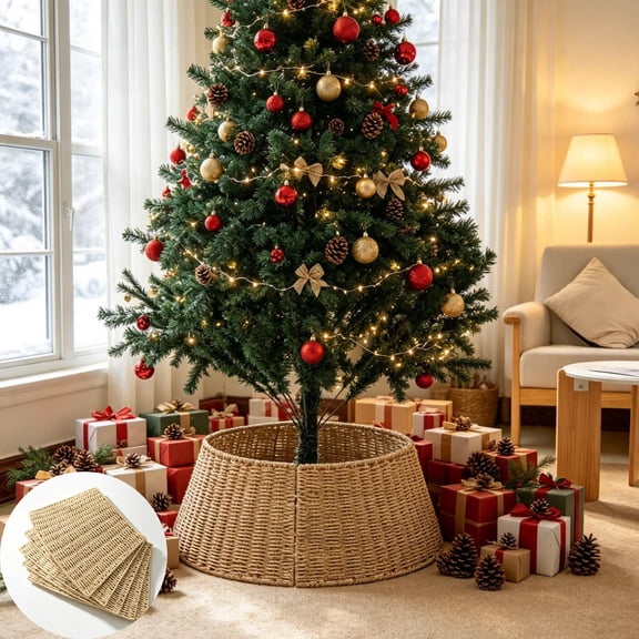 Qocolcyl Extra Large Rattan Christmas Tree Collar Basket - Rustic Handcrafted Christmas Tree Stand Cover Woven Tree Skirt Collar Christmas Tree Decoration Farmhouse Indoor Decorations for Home