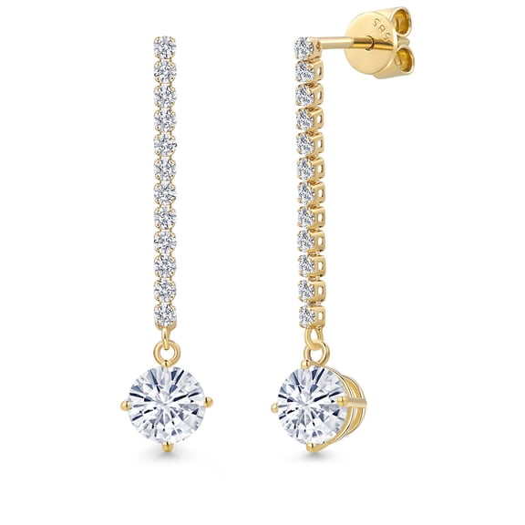 Gem Stone King 14K Yellow Gold White Moissanite and Lab Grown Diamond Dangle Earrings for Women | 2.36 Cttw | Gemstone Birthstone | Round 6.5MM