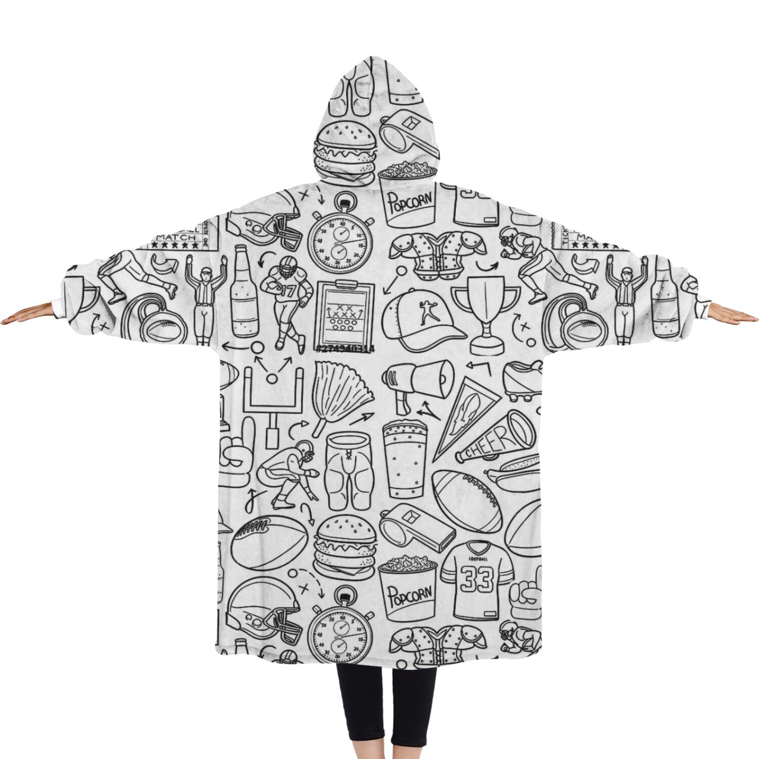 Oversized Wearable Blanket Hoodie,Football Icons Pattern Sherpa Blanket Hoodie with Super Pockets,Super Warm Fuzzy Pullover for Women & Men
