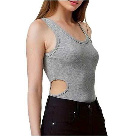 Lovskoo 2024 Women s Cut Out Sleeveless One Piece Romper Round Neck Tank Bodysuit Jumpsuit Gray