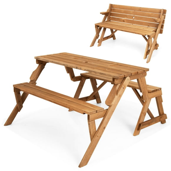 Costway 2-in-1 Transforming Interchangeable Wooden Picnic Table Bench w/Umbrella Hole