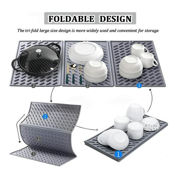 Silicone Dish Drying Mat for Kitchen Counter, Trifold Large Dish Drainer Mat, Drying Mat with Hook, 24X16In