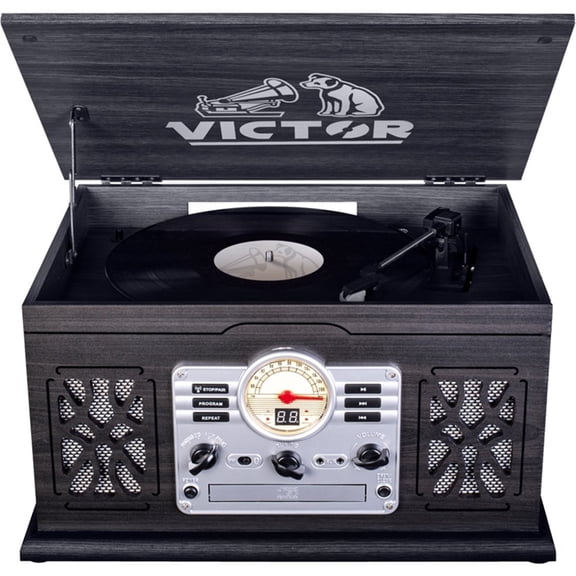 Restored VICTOR State 7-in-1 Turntable Music Center with 3-Speed Record Player,CD/MP3/Cassette Player,FM Radio,Dual Bluetooth In & Out,and Built-in Stereo Speakers,Graphite-VWRP-3800-GR