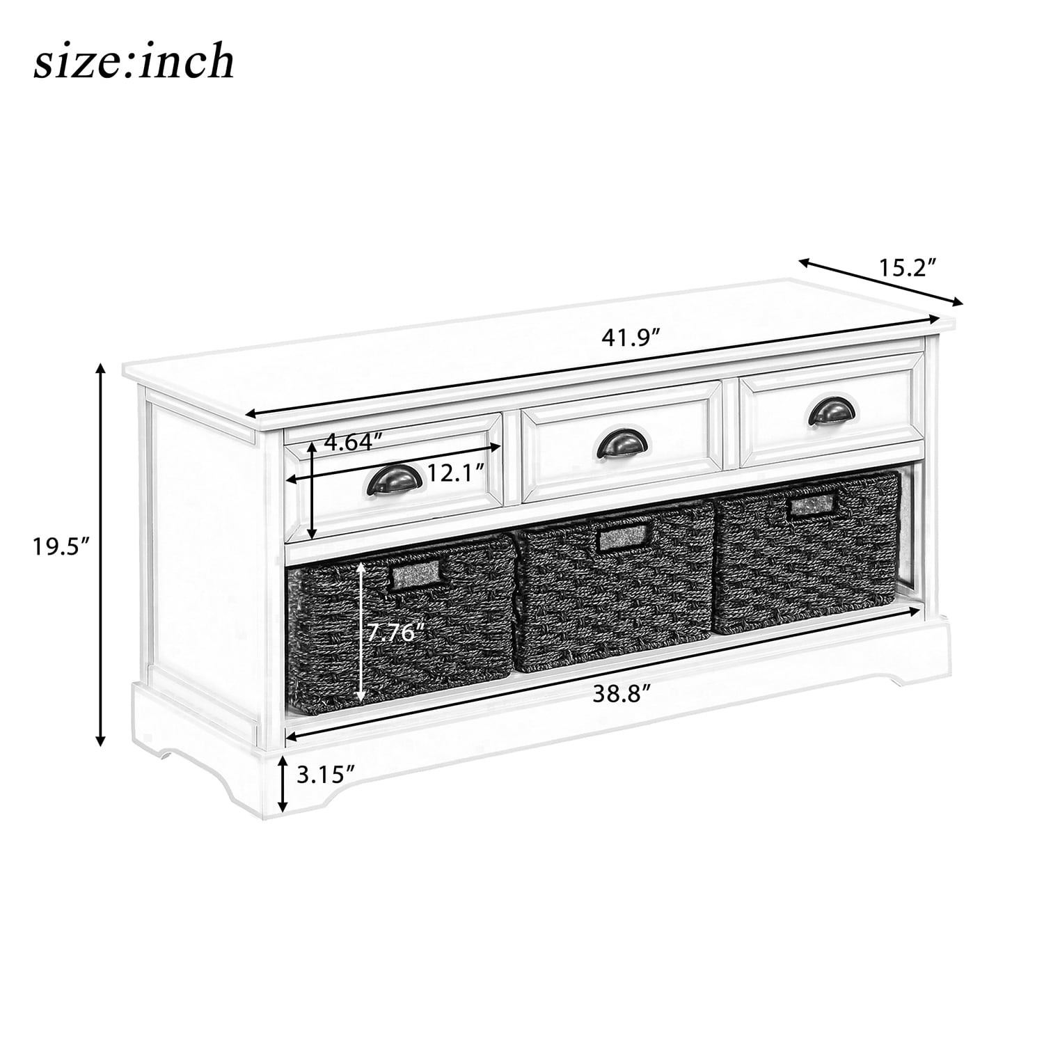 Kadyn Wood Storage Bench, Entryway Shoe Storage Bench with 3 Drawers and 3 Woven Baskets, Modern MDF Bench Seat for Entryway, Bedroom, White Kadyn Wood Storage Bench, Entryway Shoe Storage Bench with 3 Drawers and 3 Woven Baskets, Modern MDF Bench Seat for Entryway, Bedroom, White