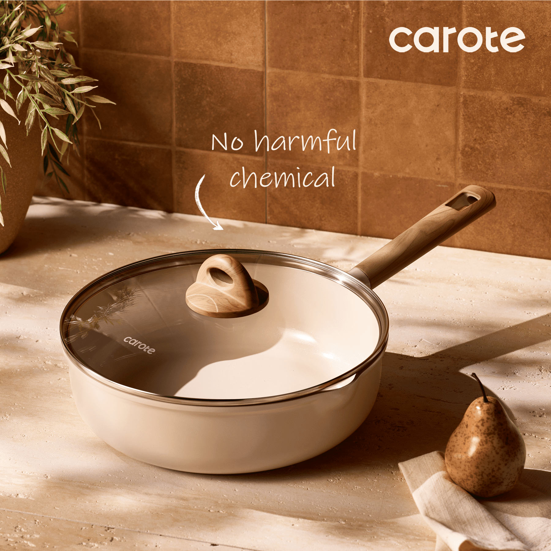 Carote 5QT Ceramic Non Stick Frying Pan Skillet with Lid, Jumbo Cooker with Induction 11inch Large Deep Frying Pan, Non-Toxic Sauté Pan,Taupe