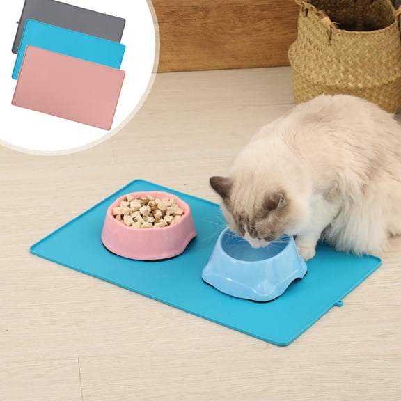 Kuroiy Silicone Pet Food Mat | Non-Slip Raised Edge Cat Dog Feeding Tray | Waterproof Heat-Resistant Placemat | Gray Blue Pink | 40x24cm | Easy Clean Floor