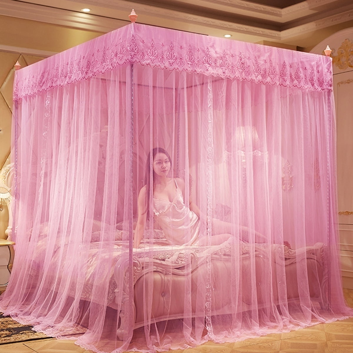 4 Corners Post Pink Canopy Bed Curtain for Girls & Adults Cute Cozy