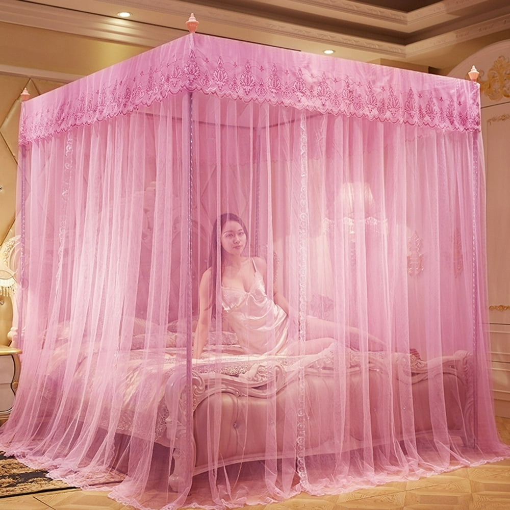 4 Corners Post Pink Canopy Bed Curtain for Girls & Adults Cute Cozy