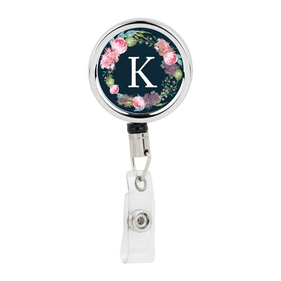 Koyal Wholesale Retractable Badge Reel Holder With Clip, Blush Pink Peonies Flowers Monogram K