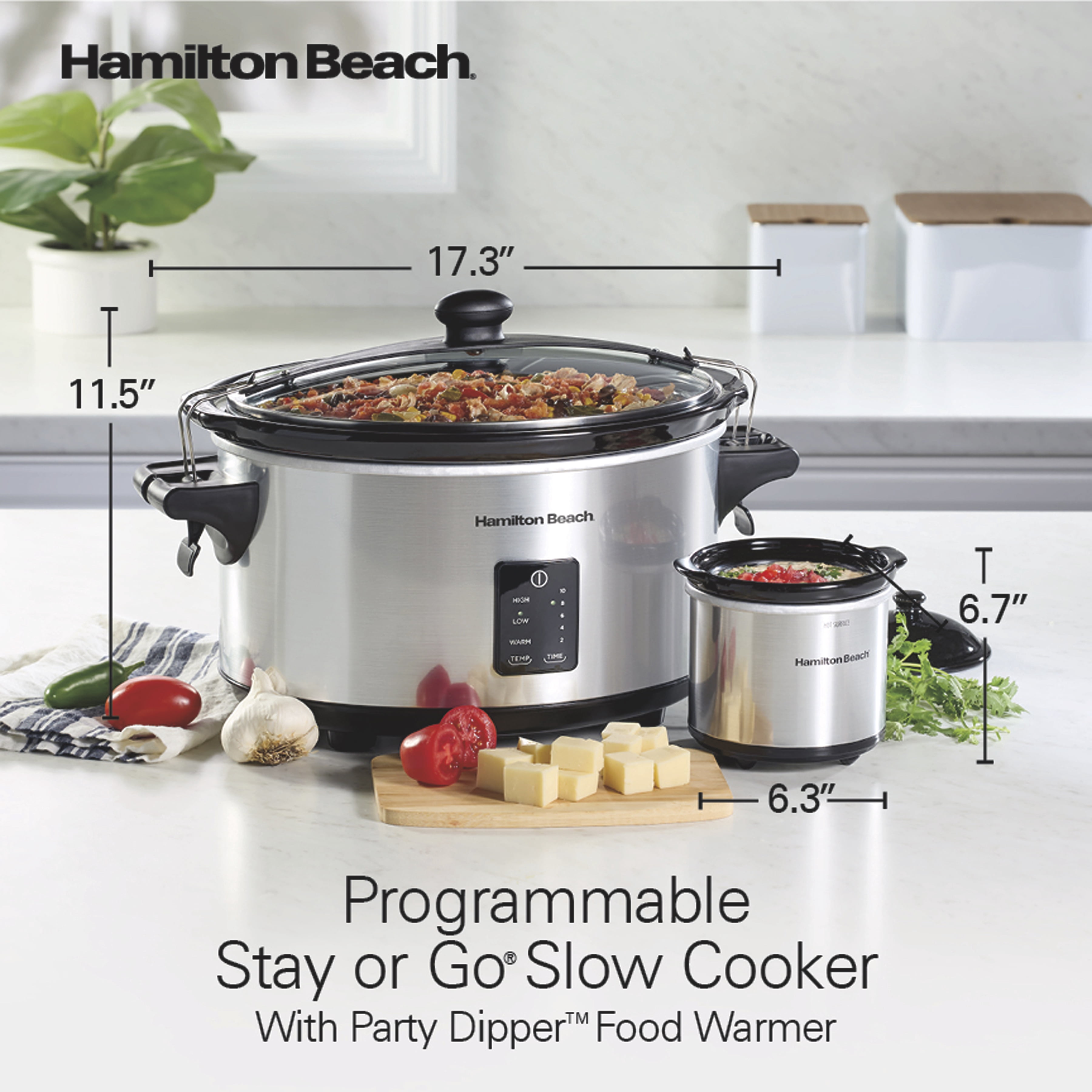 Hamilton Beach 7 Qt Programmable Slow Cooker, Stoneware Crock with Removable Pot, Includes Party Dipper Food Warmer, Stainless Steel