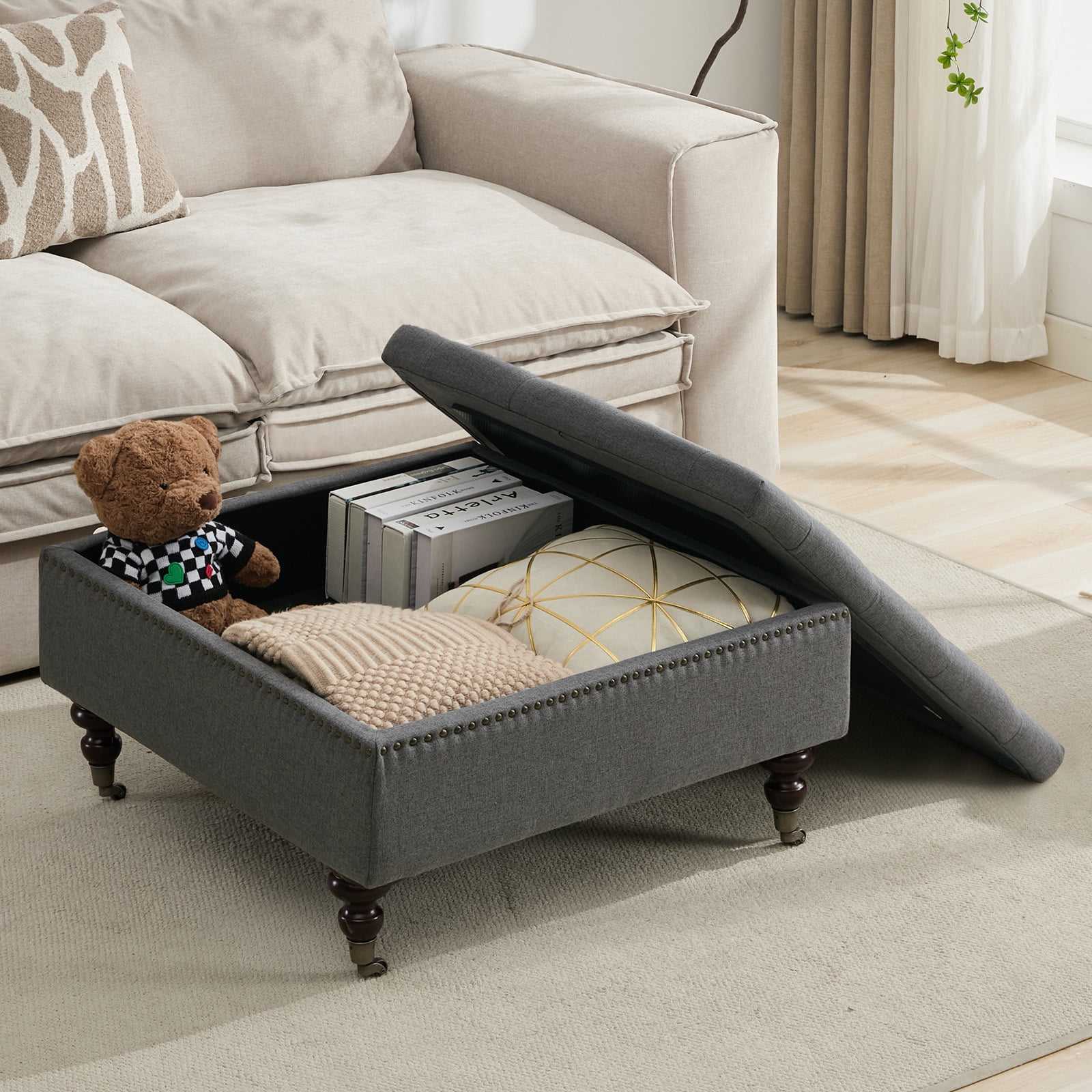 BRILHAMEZ Storage Ottoman Bench, Tufted Upholstered Seat with Hidden Storage, Multi-Functional Coffee Table and Foot Rest for Living Room, Gray