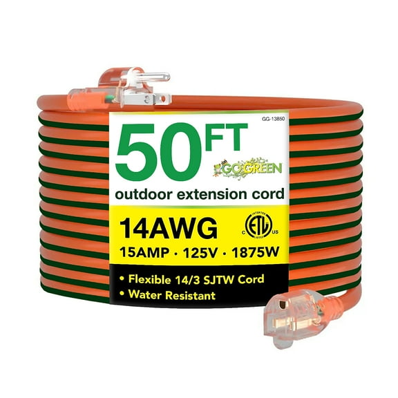 GoGreen Power (GG-13850) 14/3 50’ SJTW Outdoor Extension Cord, Lighted Extension Cord, 50 Ft
