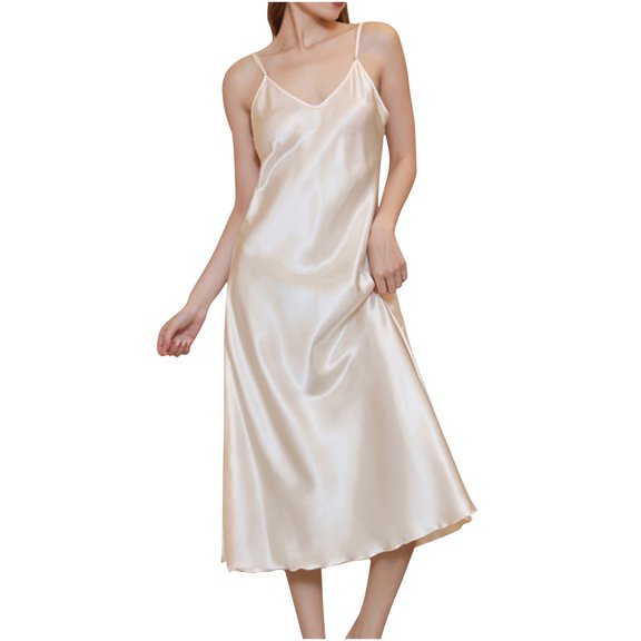 Sleepwear for Women Nightgown New Full Slip Silk Satin Long Sleep Dress for Women Sleeveless V Neck Lightweight Nightgown Soft Comfy Loungewear Yellow M