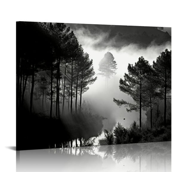 Acheng Framed Canvas Print Wall Art Fog Mountain Forest Painting Decoration Black and White Tree Landscape Nature Photography Modern Art for Living Room Bedroom Office 20x16in