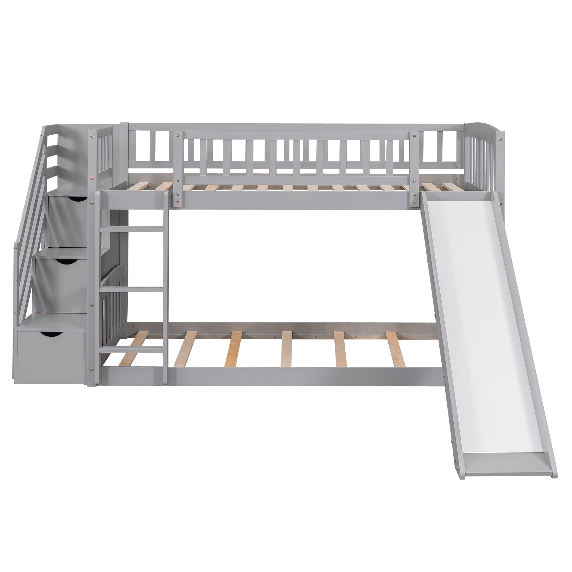 Mintazer Twin Over Twin Bunk Bed with Storage Staircase & Convertible Slide, Kids Bunk Bed Frame with Guardrails & Ladder, No Box Spring Needed, Gray
