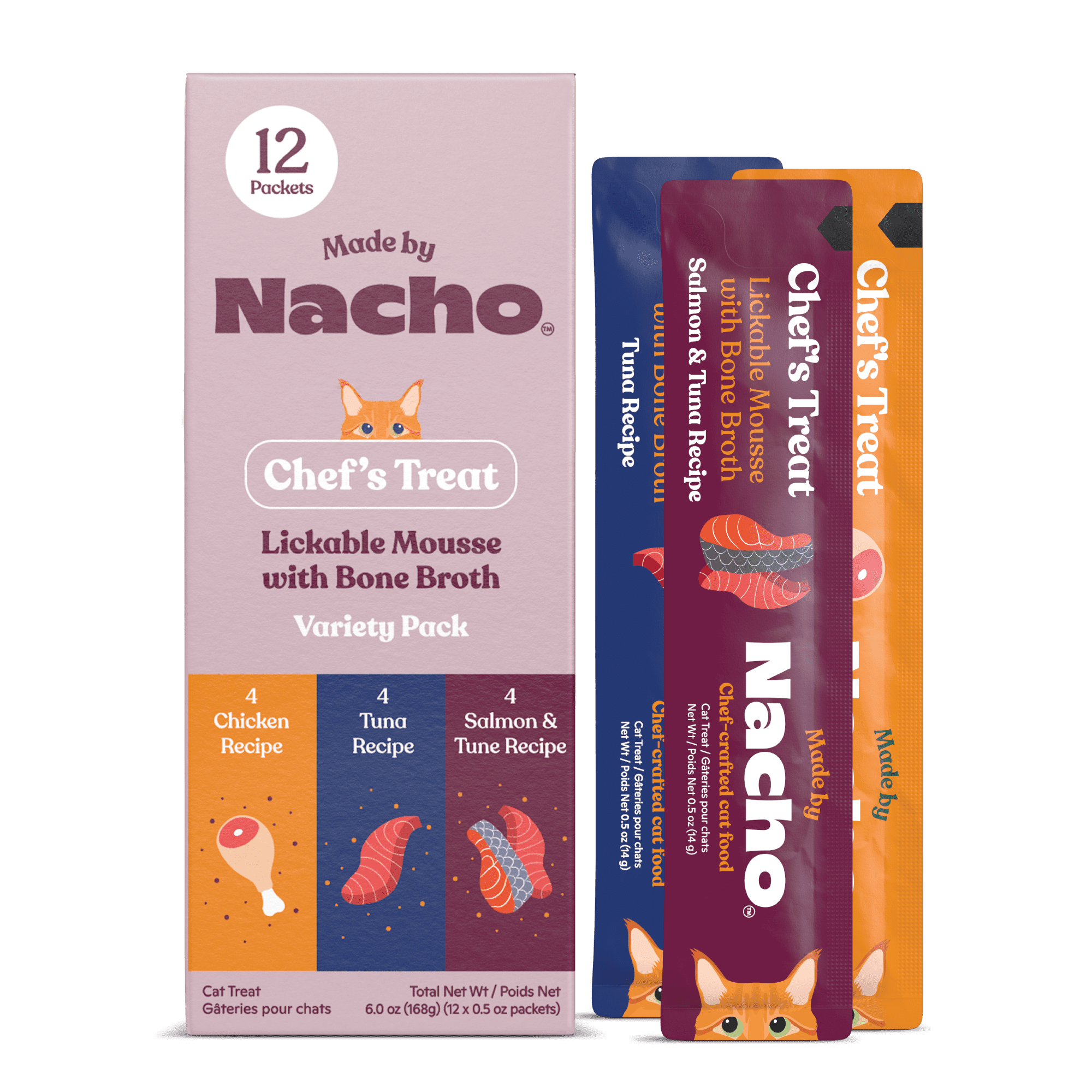 Made by Nacho Lickable Cat Treats, Mousse Tubes with Bone Broth Variety Pack, Chicken, Tuna, Salmon and Tuna, No Grains, Corn, Wheat or Soy, 12 Count, 0.5oz Each