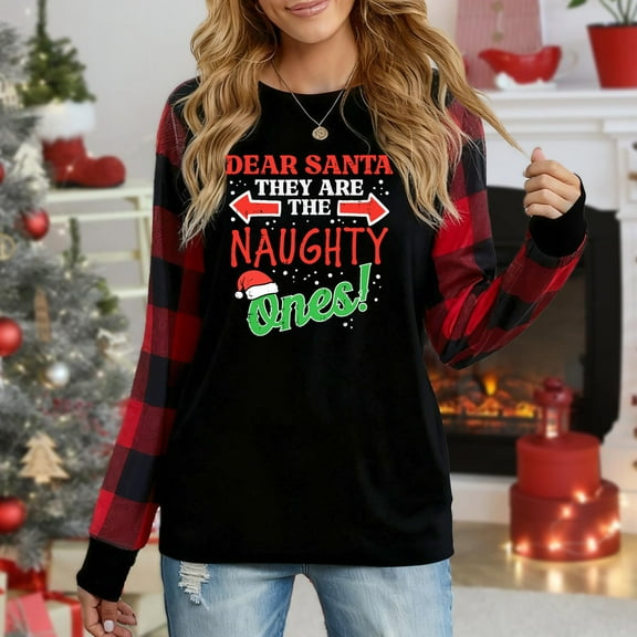 Women's Christmas Plaid Long Sleeve Top, "Dear Santa They Are The Naughty Ones" Humorous Festive Graphic Casual Shirt