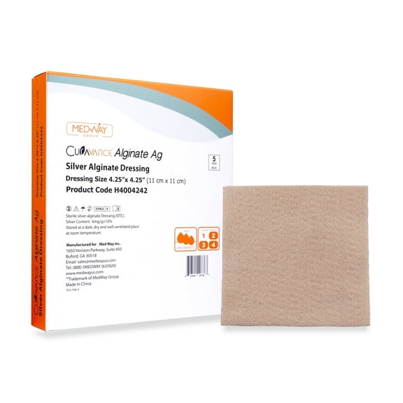 MedHeal Silver Calcium Alginate Ag Sterile Highly Absorbent Antibacterial Dressing, 4.25"x4.25", 5 dressings/Box, MedHeal by MedvanceTM