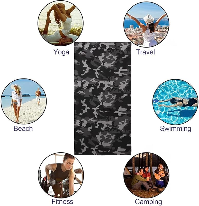 Camo Beach Towel Oversized 71x36IN Quick Dry Sand-Free, Black and Grey Camouflage Bath Towels for Travel