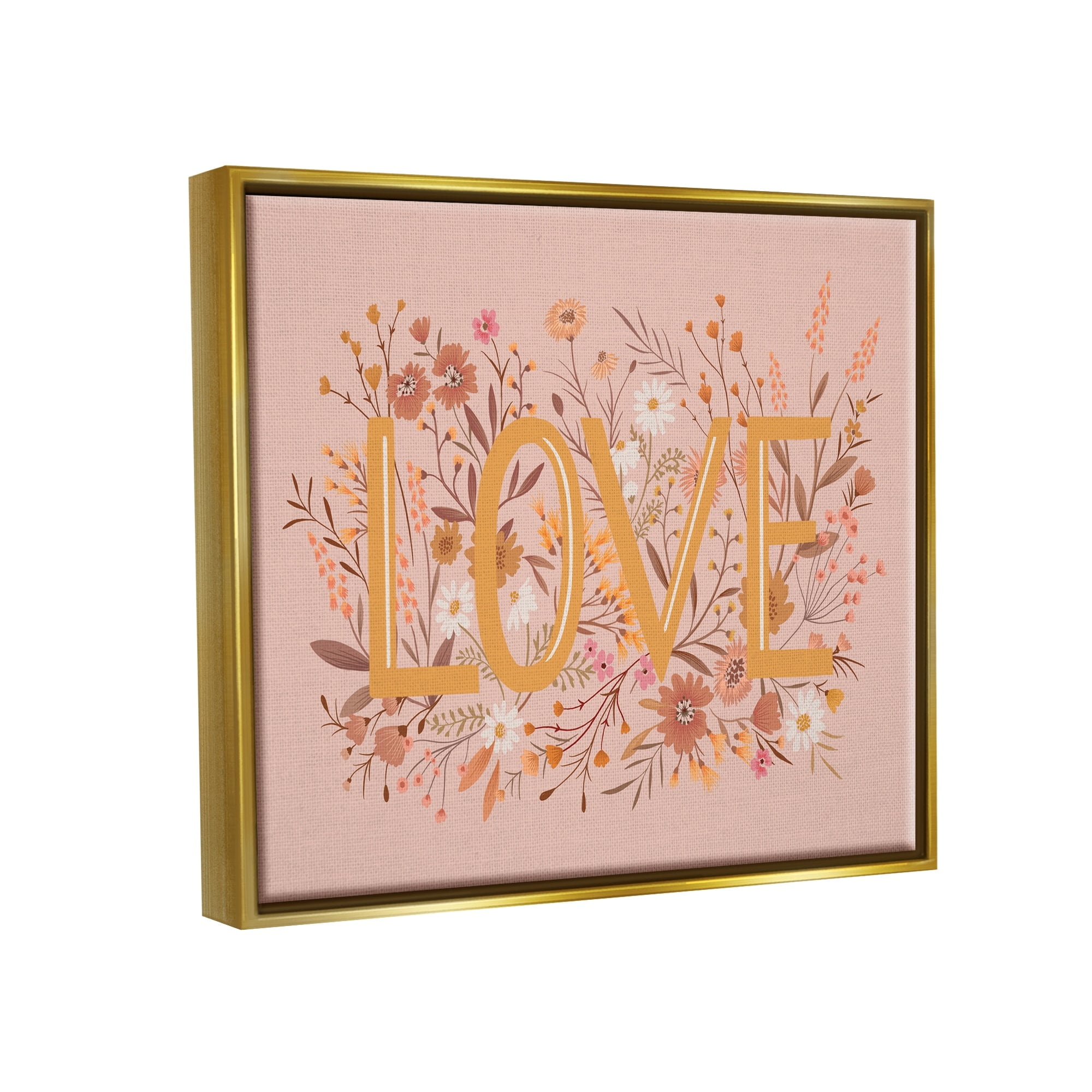 Stupell Industries Botanical Love Typography Delicate Floral Details Graphic Art Metallic Gold Floating Framed Canvas Print Wall Art, Design by Heather McLaughlin