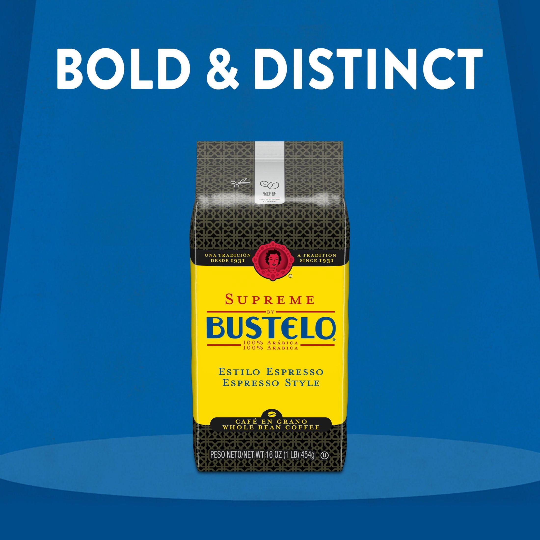 Supreme by Bustelo Espresso Style Whole Bean Coffee, Medium Dark Roast, 16 oz Bag