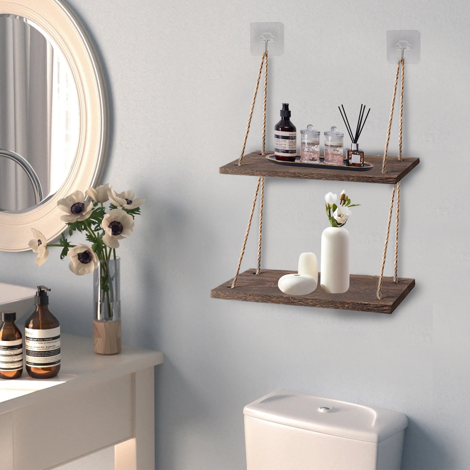 Set of 2 Wood Hanging Shelves for Wall, Wall Hanging Shelf, Window Plant shelves, Wood Floating Shelves Window Hanging Plant Triangle Rope Shelf Rustic for Living Room Bedroom Bathroom Kitchen