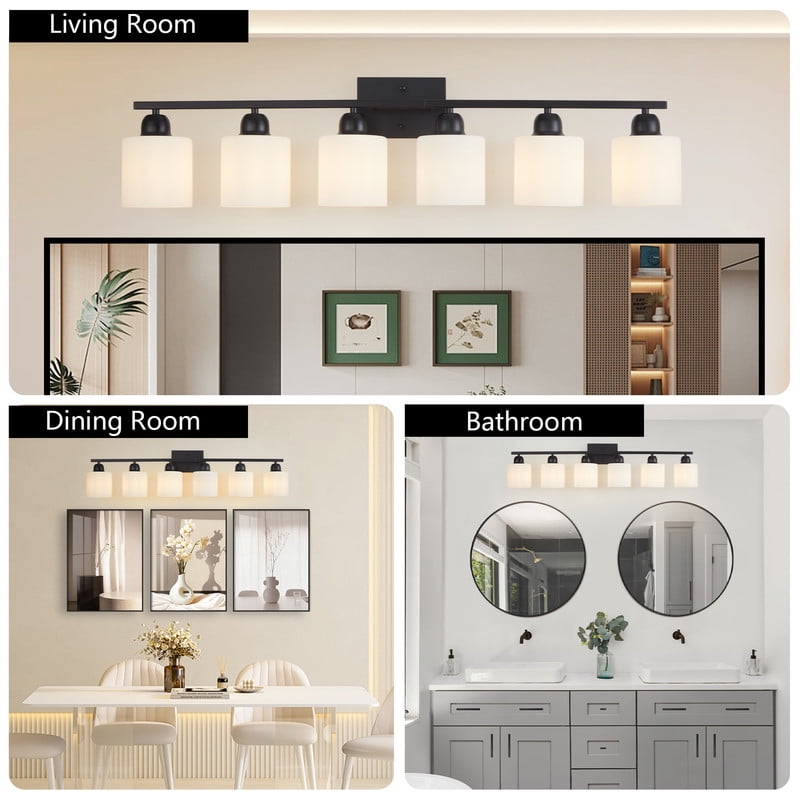 38" 6-Light Black Vanity Fixture - Modern Matte Bathroom Lighting for Mirror, Dimmable Wall Sconce with Milky White Glass Shades (Bulbs Not Included)