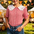 thumbnail image 2 of Tank Tops for Women Button Down Plaid Print Lace Collar Short Sleeve Y2K Tops,Red,3XL, 2 of 9